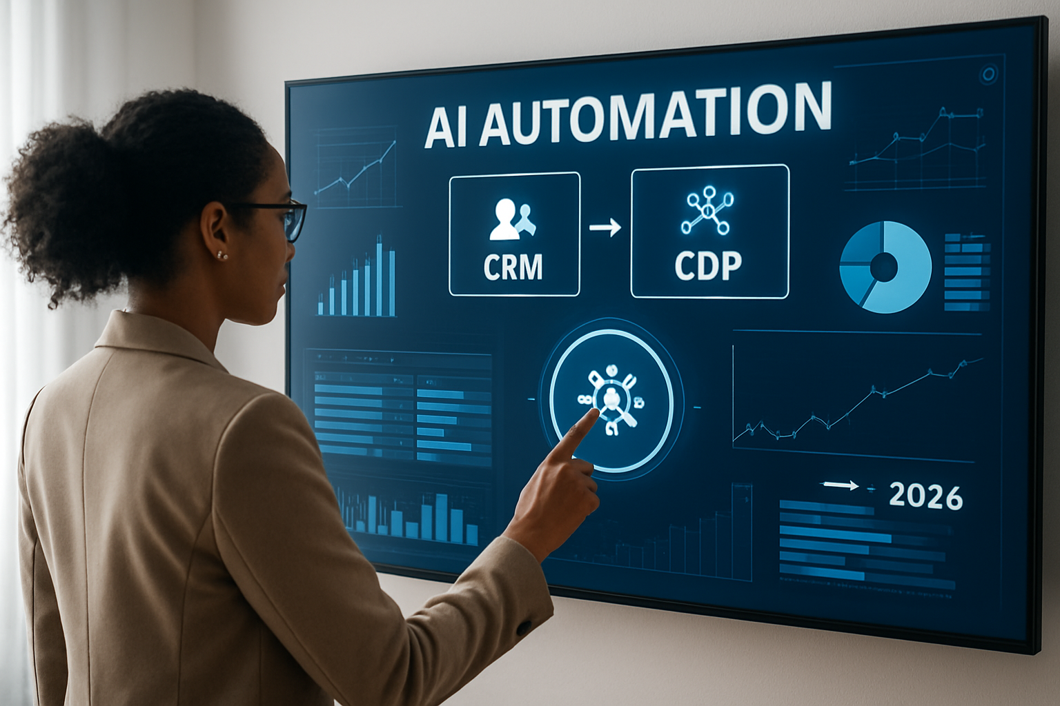 Painel de automação com ia integrando CRM e CDP para marketing e vendas em 2026