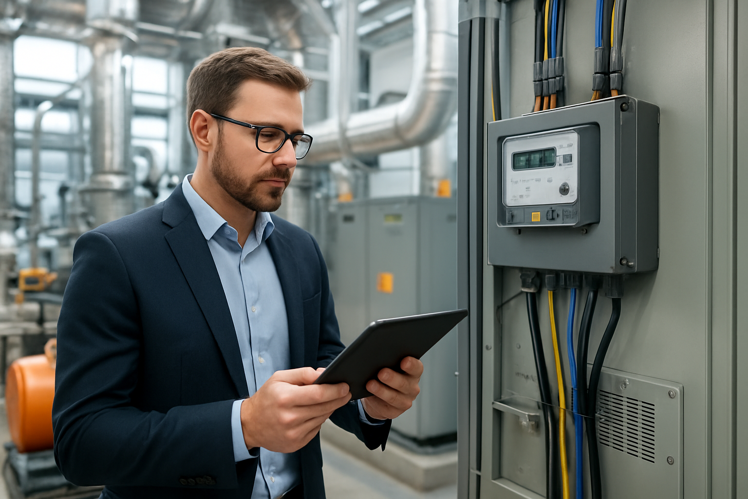 Planta industrial com equipamentos elétricos e medição de consumo mostrando consultoria em eletrificação e eficiência | consu