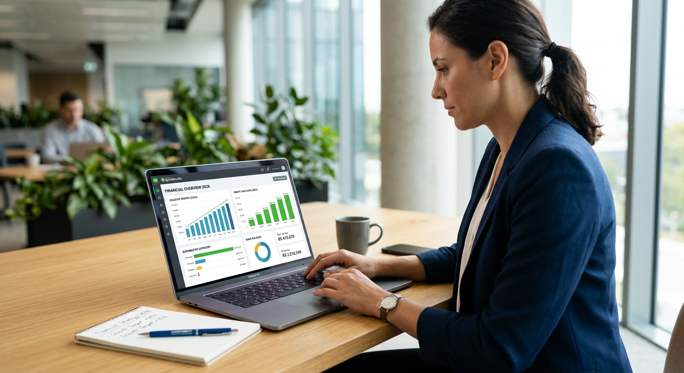 Professional dashboard showing QuickBooks accounting software and financial growth charts for 2026