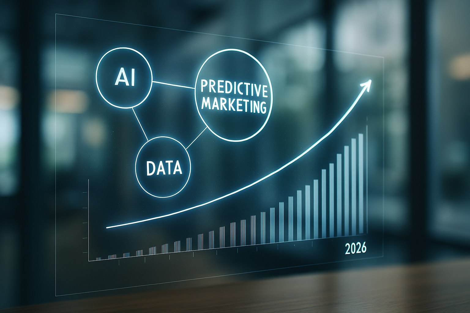 Gráfico futurista mostrando a conexão entre marketing preditivo, IA e dados para impulsionar vendas em 2026