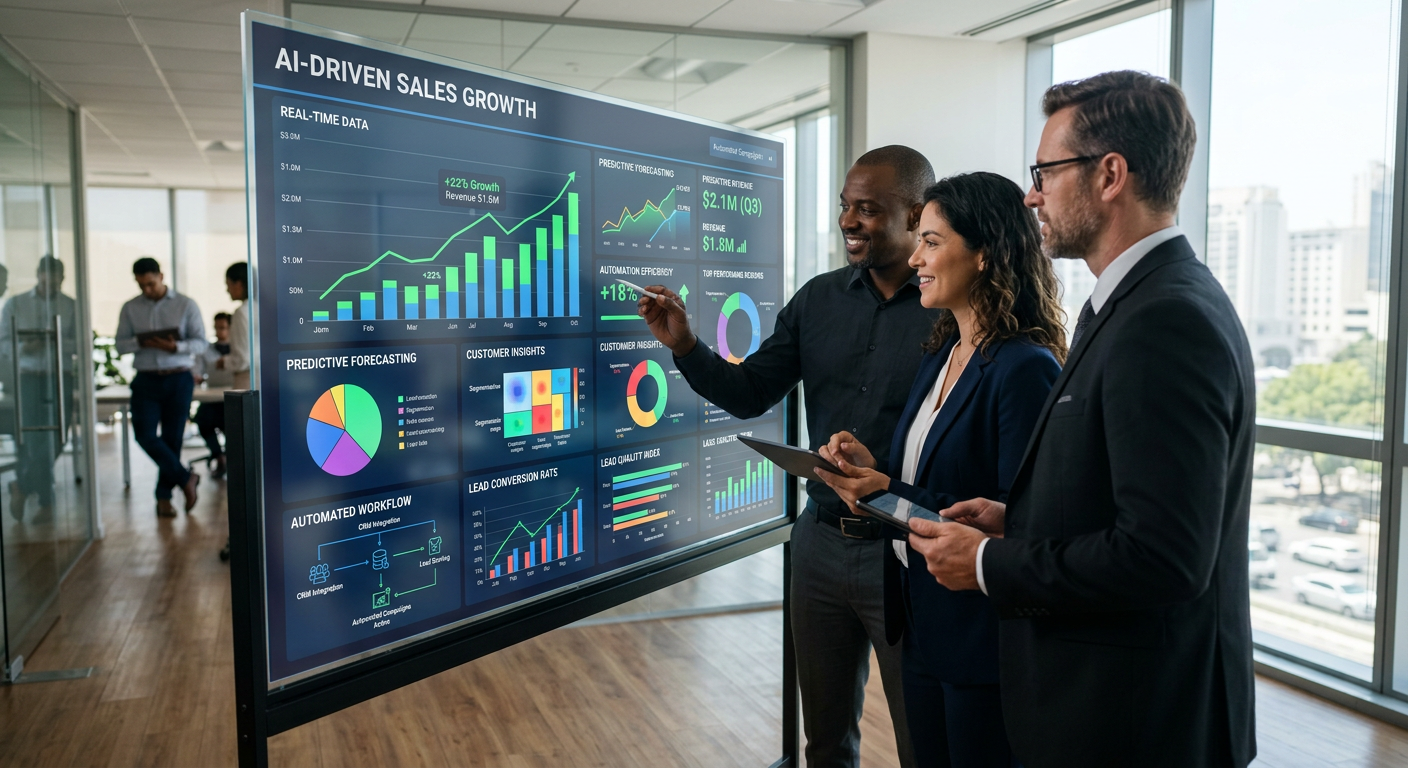 Executivos analisando gráficos de vendas com IA e automação em um painel digital moderno