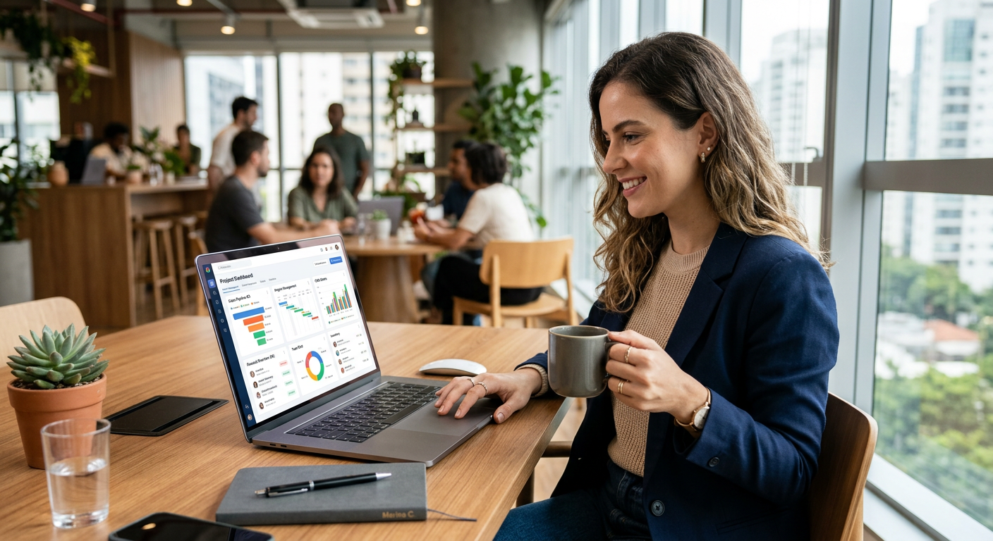 Professional workspace showing all-in-one business management software tools on a laptop screen in 2026