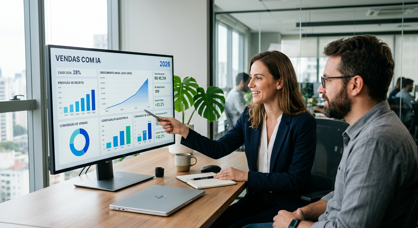 Dashboard moderno mostrando métricas de vendas com IA e gráficos de crescimento em 2026