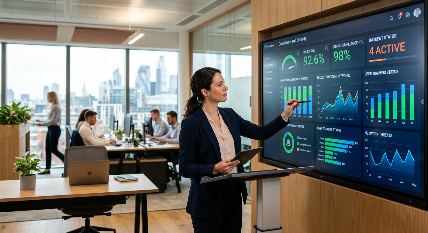 Painel digital exibindo métricas de compliance e segurança cibernética em ambiente corporativo moderno