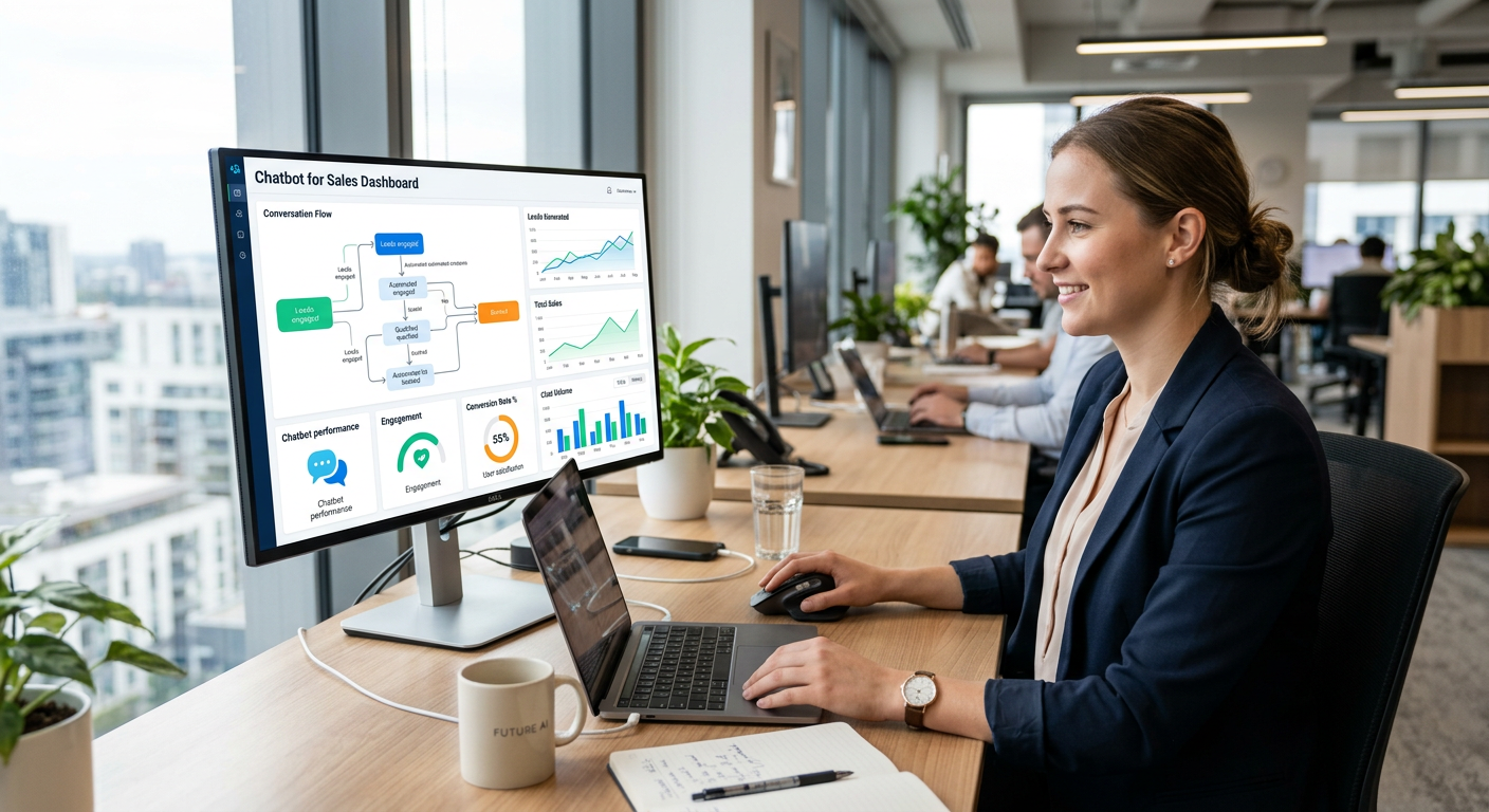 Dashboard moderno mostrando métricas de chatbot para vendas e fluxo de conversas automatizadas