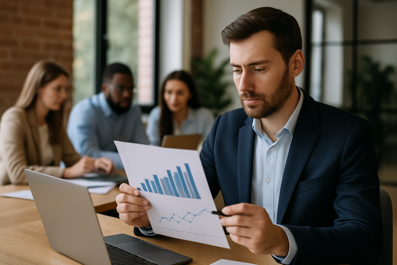 Empresário analisando gráficos de crescimento com uma equipe de marketing terceirizado ao fundo, simbolizando o crescimento