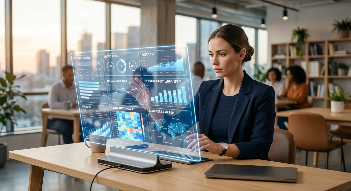 Estrategista de marketing analisando métricas de SEO para IA em uma interface holográfica em 2026