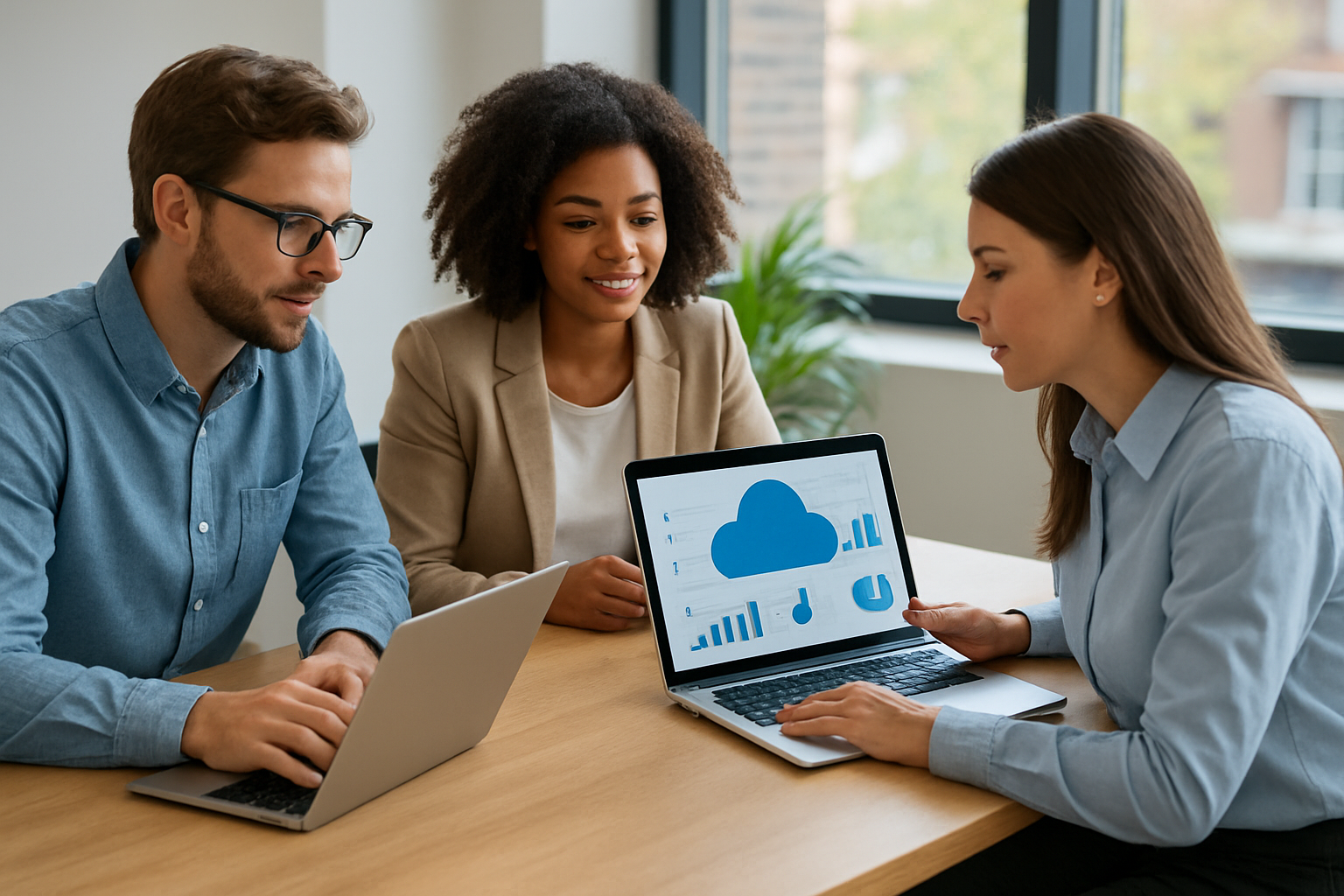 small business team planning cloud migration for small businesses with laptops and dashboards
