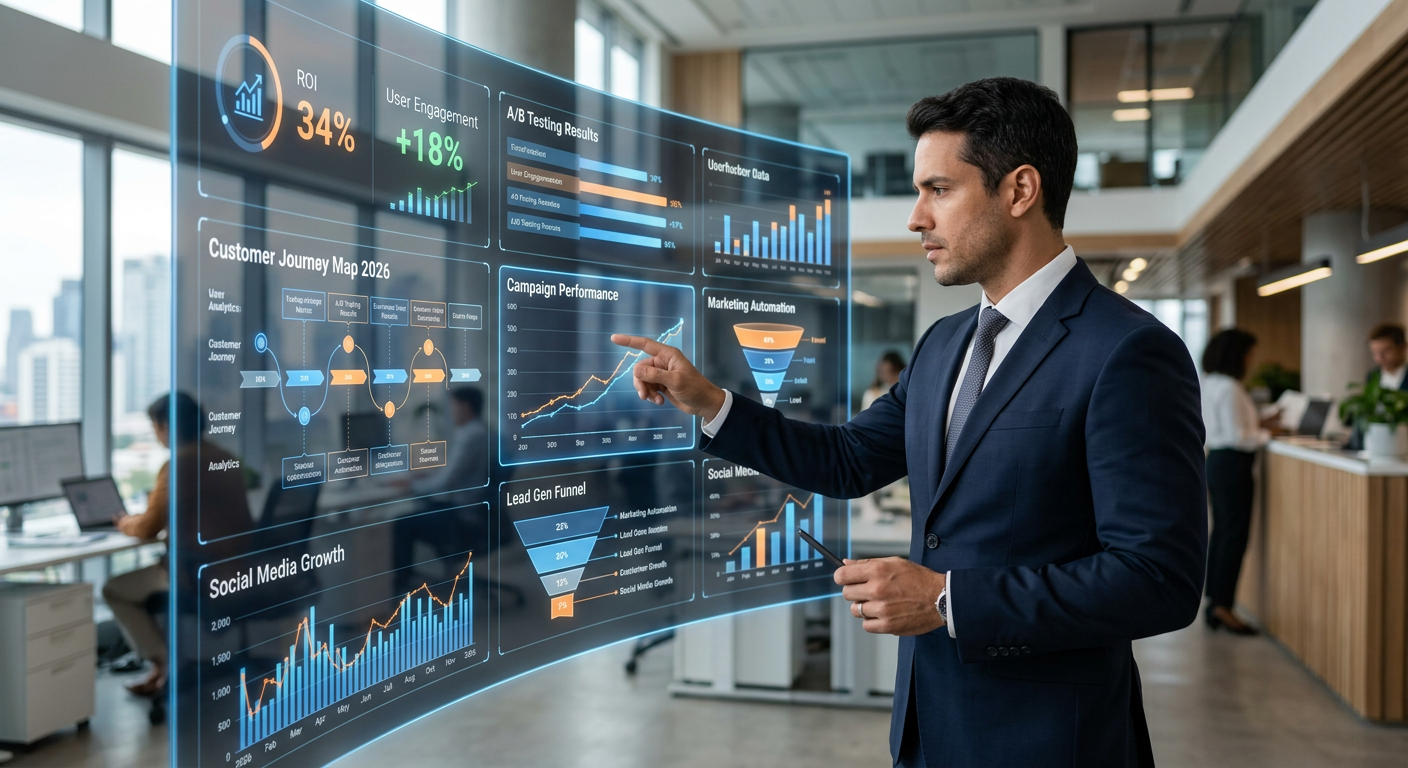 Empresário analisando métricas de marketing technology em um painel digital futurista de 2026