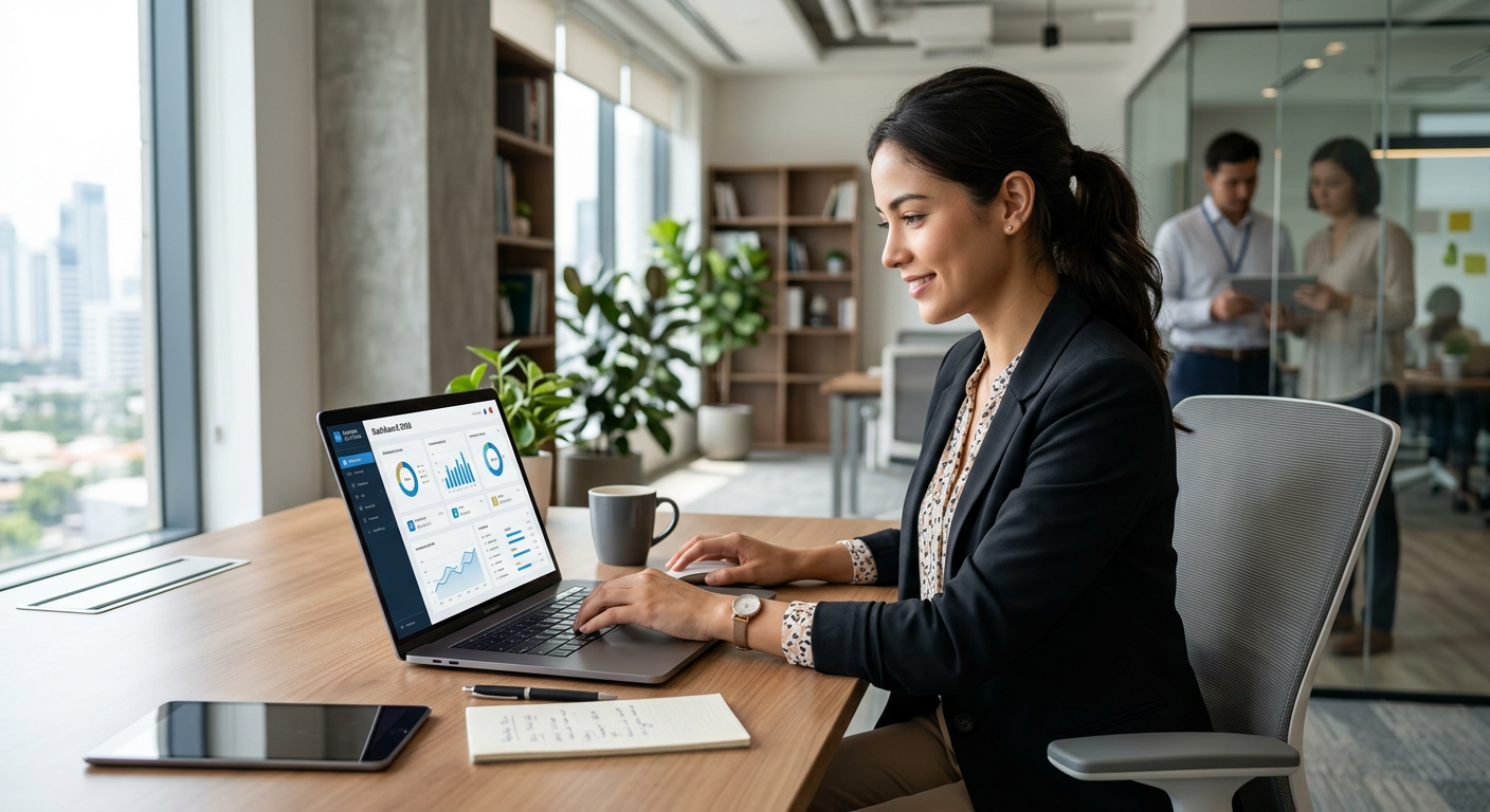 Modern entrepreneur using business management software solutions 2026 on a laptop in a bright office