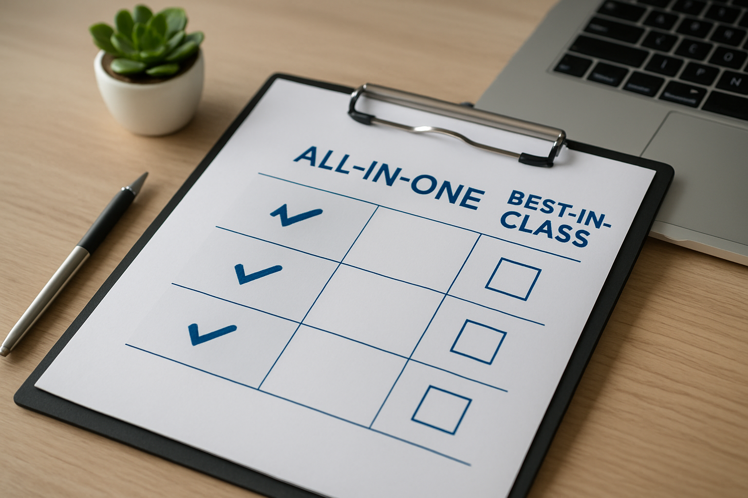 comparison chart showing all-in-one vs best-in-class features for SMEs in 2026
