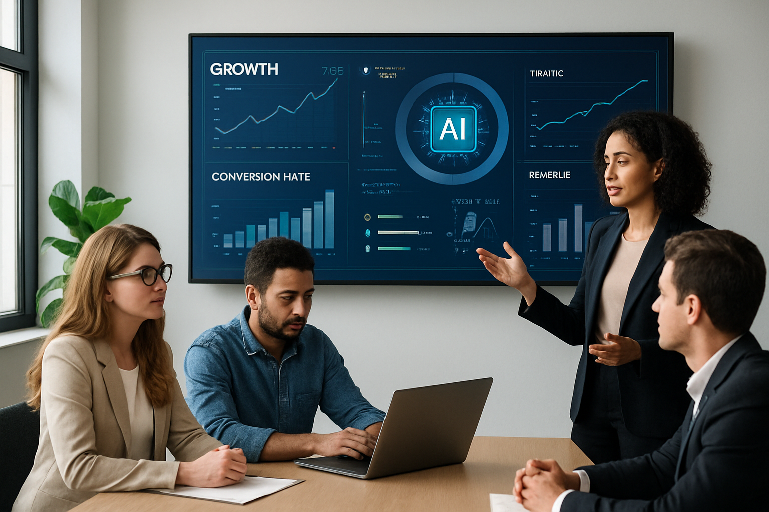 Capa mostrando painel de métricas e equipe de agência de growth marketing integrando IA e automação em 2026