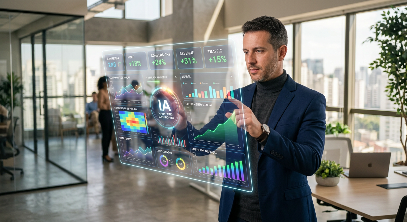 Empresário analisando gráficos de marketing com inteligência artificial em uma tela holográfica moderna em 2026