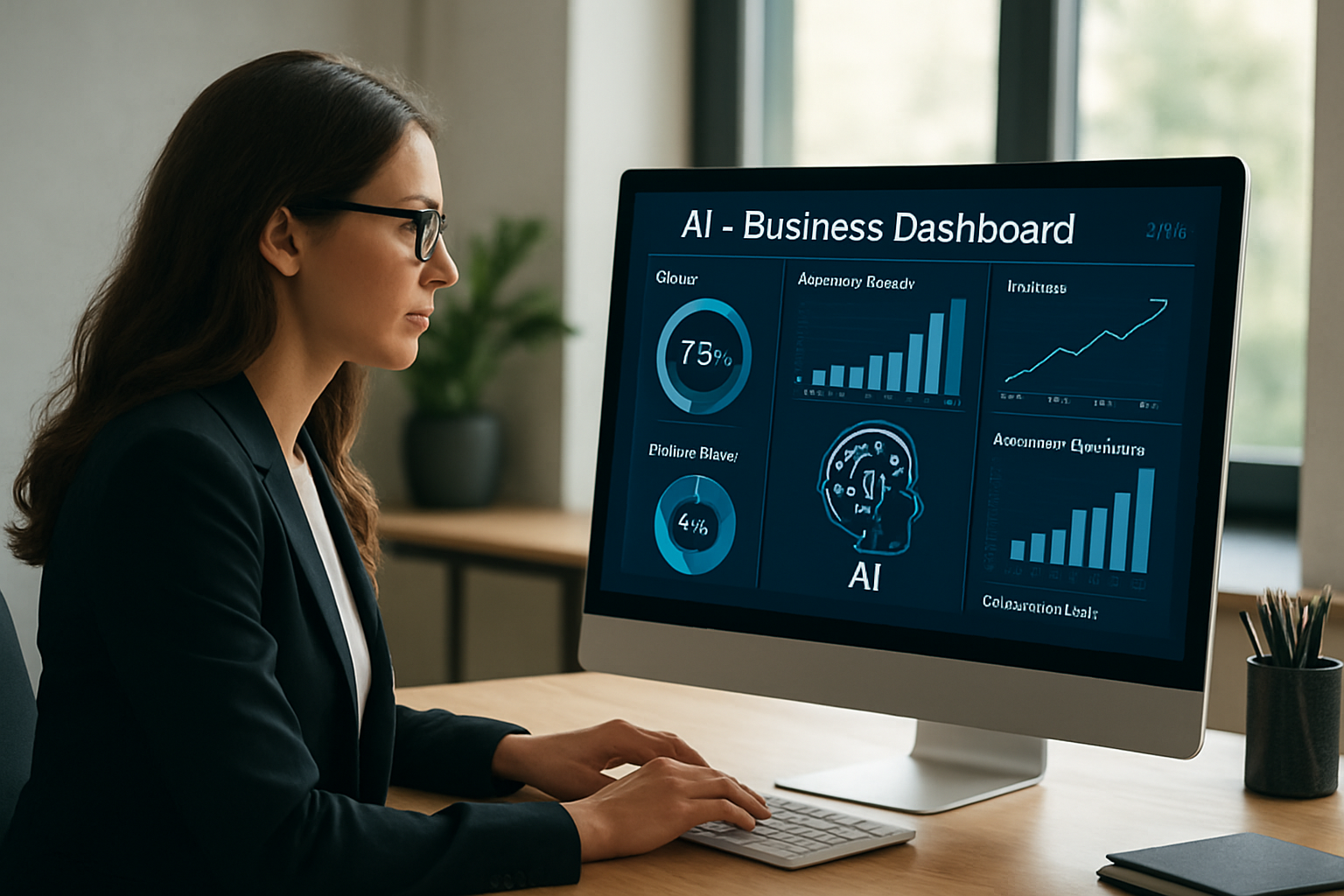 Painel de dashboard de IA empresarial com indicadores de marketing e vendas em 2026