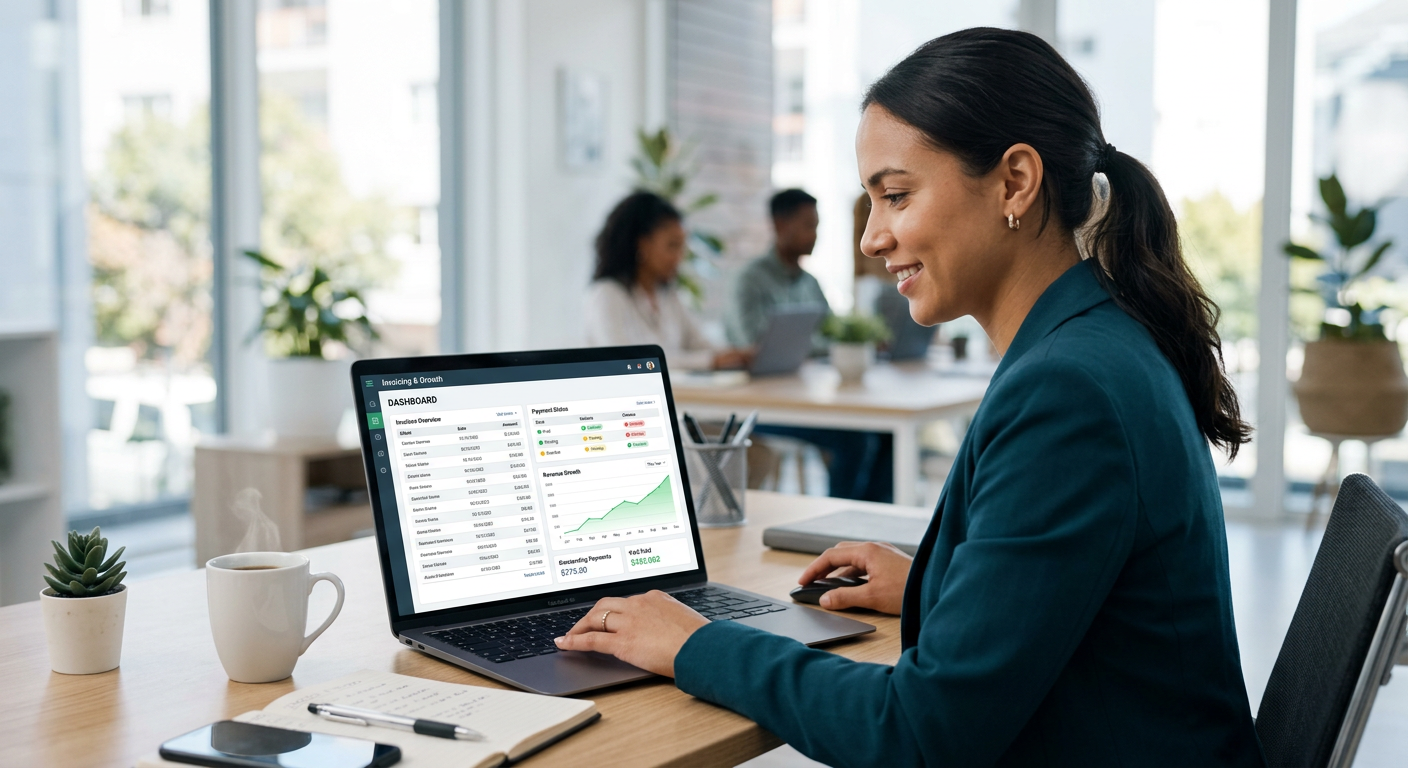 Professional digital dashboard showing invoicing software for small businesses with growth charts and payment status