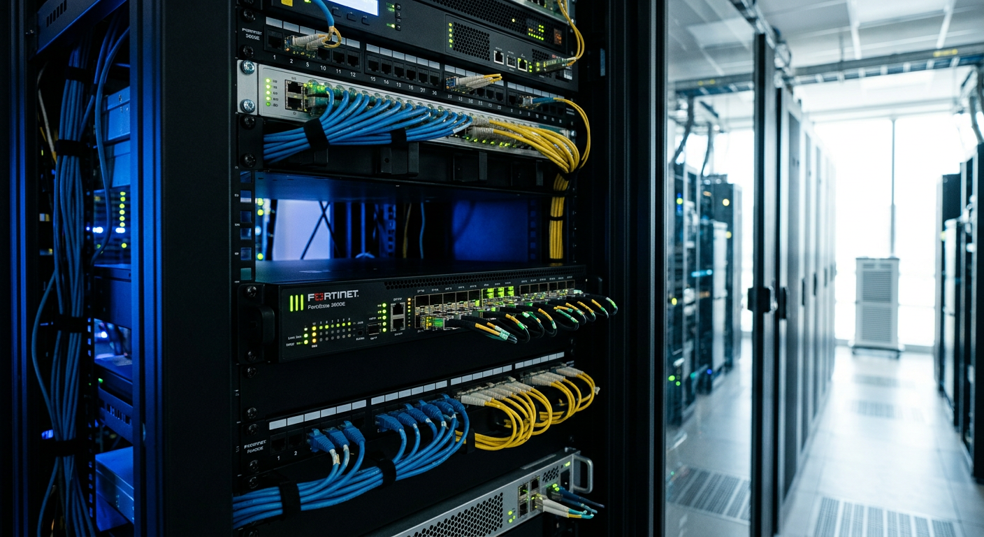 Firewall FortiGate 3600E em um rack de data center moderno com luzes de status ativas