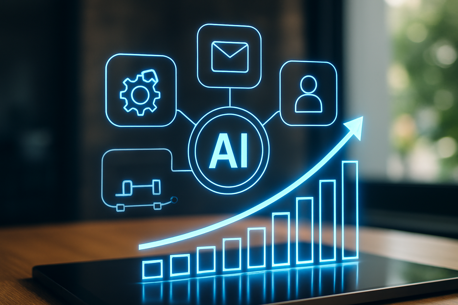 Gráfico futurista mostrando a integração de ferramentas de automação Martech e Inteligência Artificial para crescimento