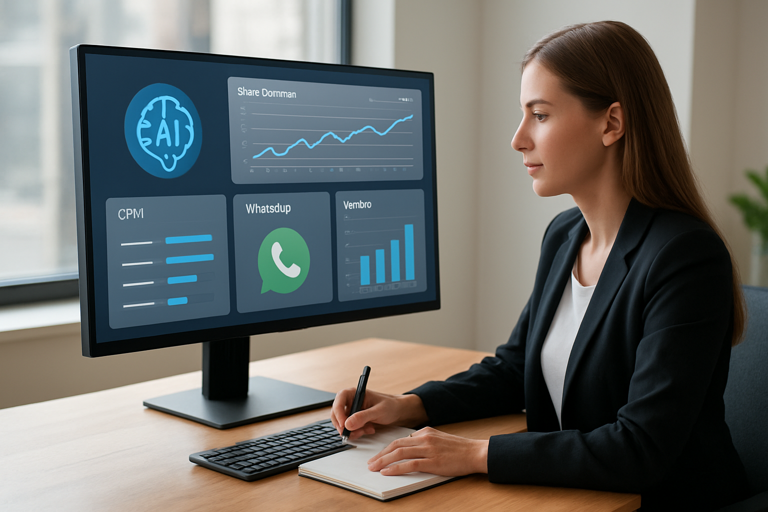 Painel dashboard com IA para atendimento comercial integrando CRM e WhatsApp, visão de vendas e métricas