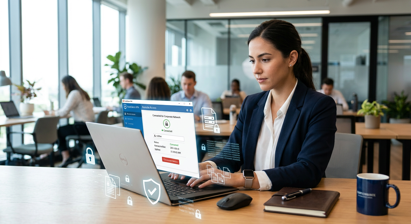 Interface do software FortiClient VPN em um notebook corporativo com ícones de segurança digital e criptografia