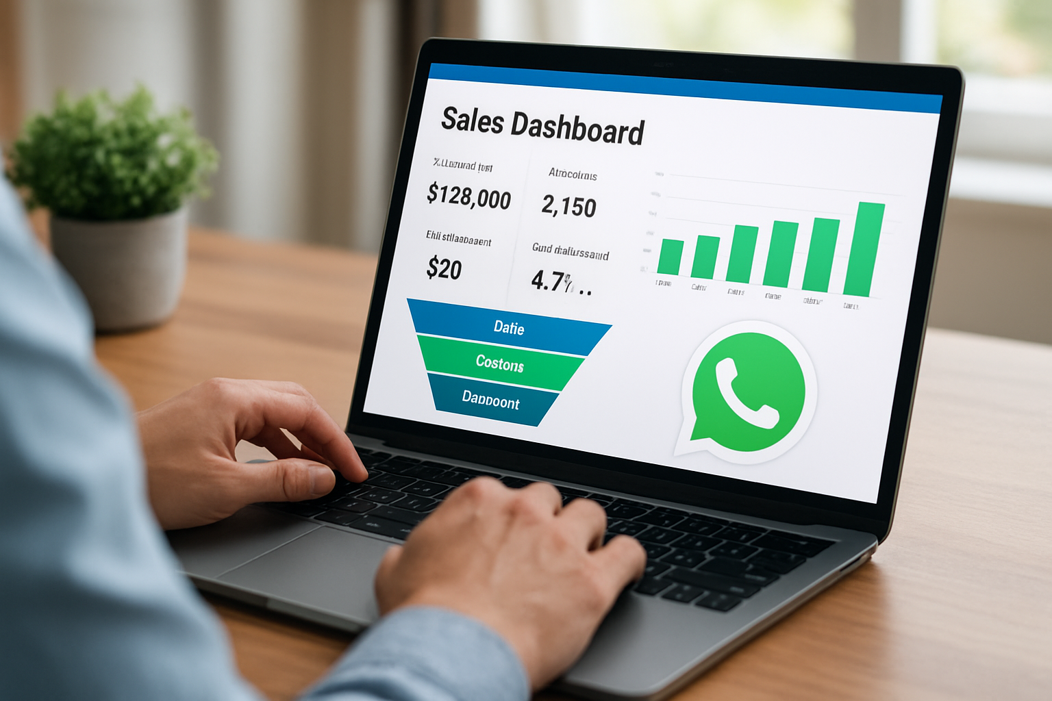 Dashboard de vendas com integração crm whatsapp mostrando métricas e funil em 2026