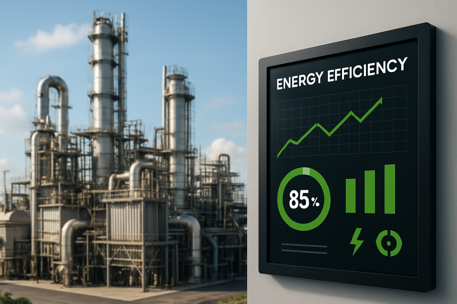 planta industrial com painel de controle mostrando melhorias de eficiencia energetica | Eficiência energética