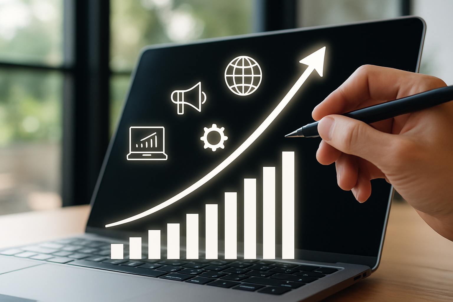 Gráfico de crescimento exponencial com ícones de tecnologia e marketing, representando uma solução martech