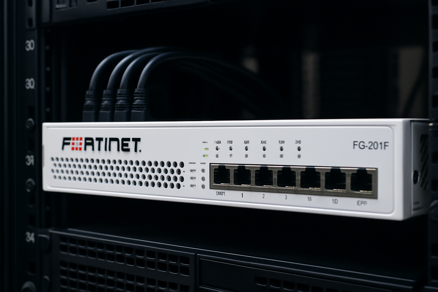 Dispositivo Fortinet FG-201F em um rack de servidor, simbolizando segurança de rede avançada |