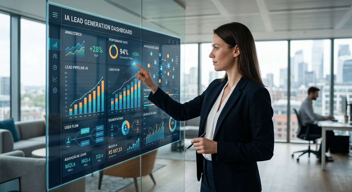 Empresário analisando métricas de geração de leads com IA em um painel digital moderno