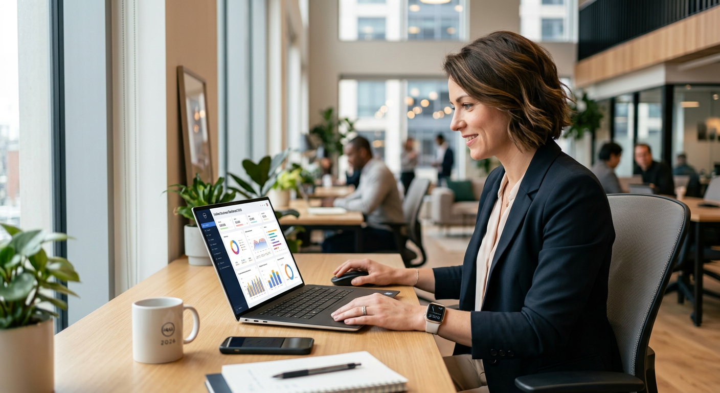 Modern entrepreneur using business software on a laptop to manage a unified dashboard in 2026