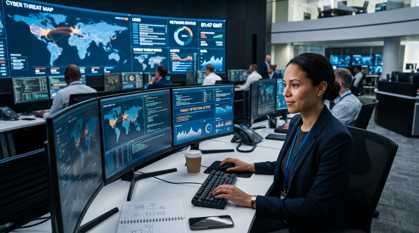 Especialista em cibersegurança monitorando ameaças digitais em um centro de operações moderno em 2026