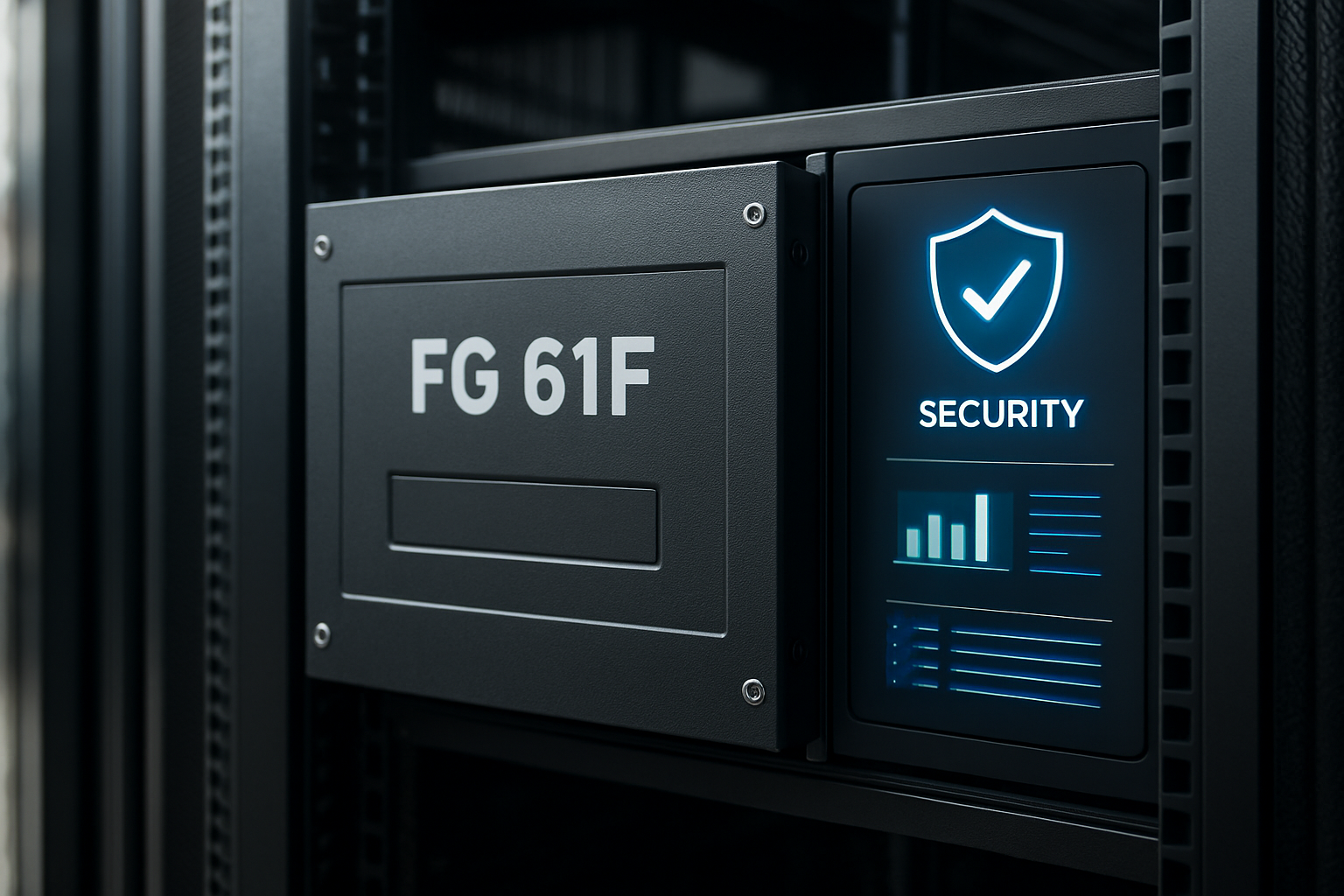 appliance fg 61f protegido em rack de datacenter com painel de segurança e logs