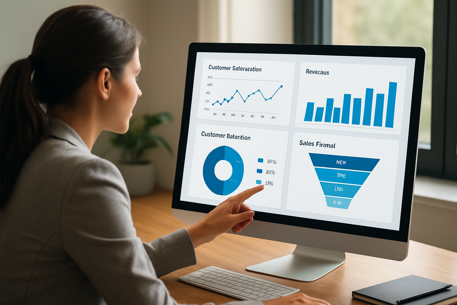 Painel dashboard com métricas de gestão de relacionamento com clientes e funil de vendas