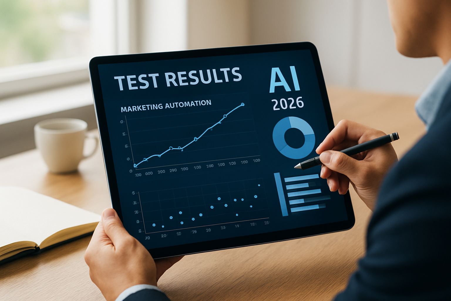 Painel analítico mostrando resultado de teste em automações e IA para marketing em 2026