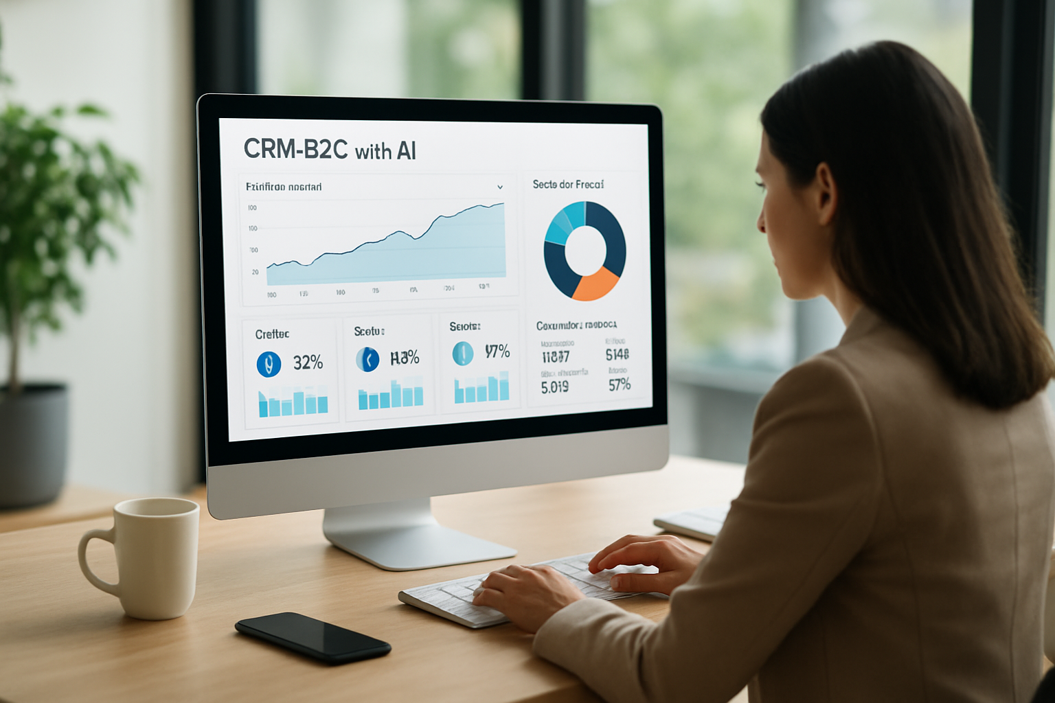 Dashboard centralizado de CRM B2C com IA mostrando métricas de vendas por canal