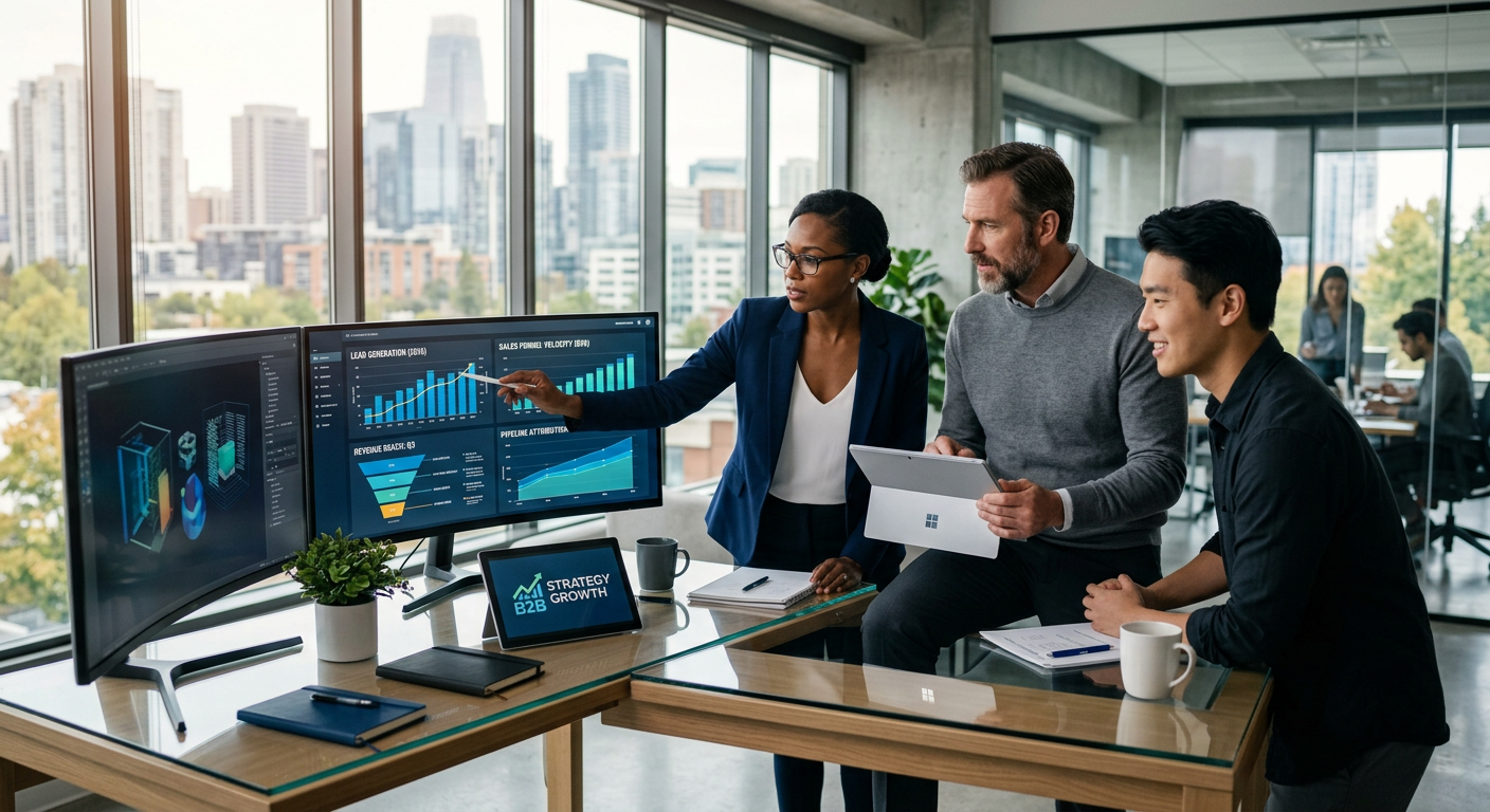 Estrategistas de uma agência growth marketing B2B analisando dados de vendas em telas de alta tecnologia em 2026