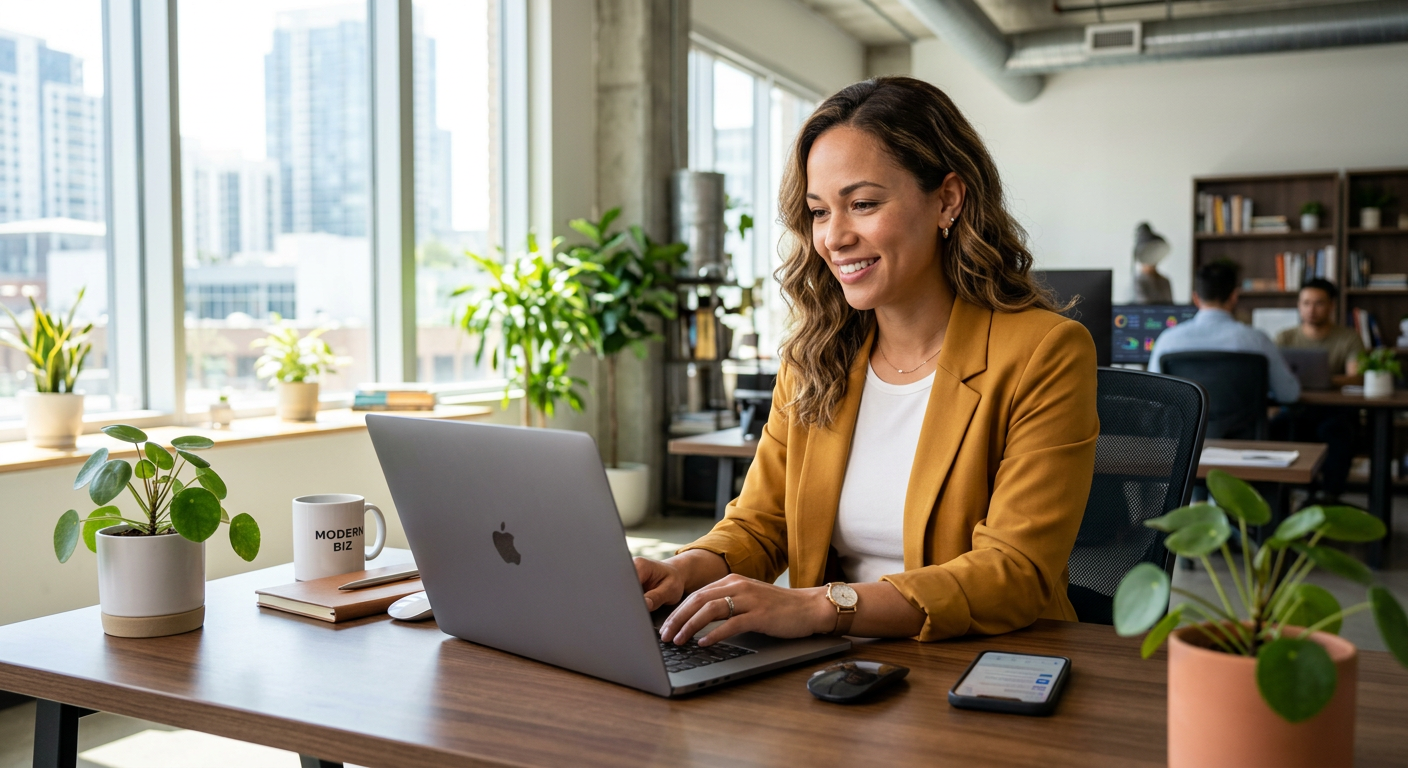 Modern entrepreneur using small business management software on a laptop in a bright office setting