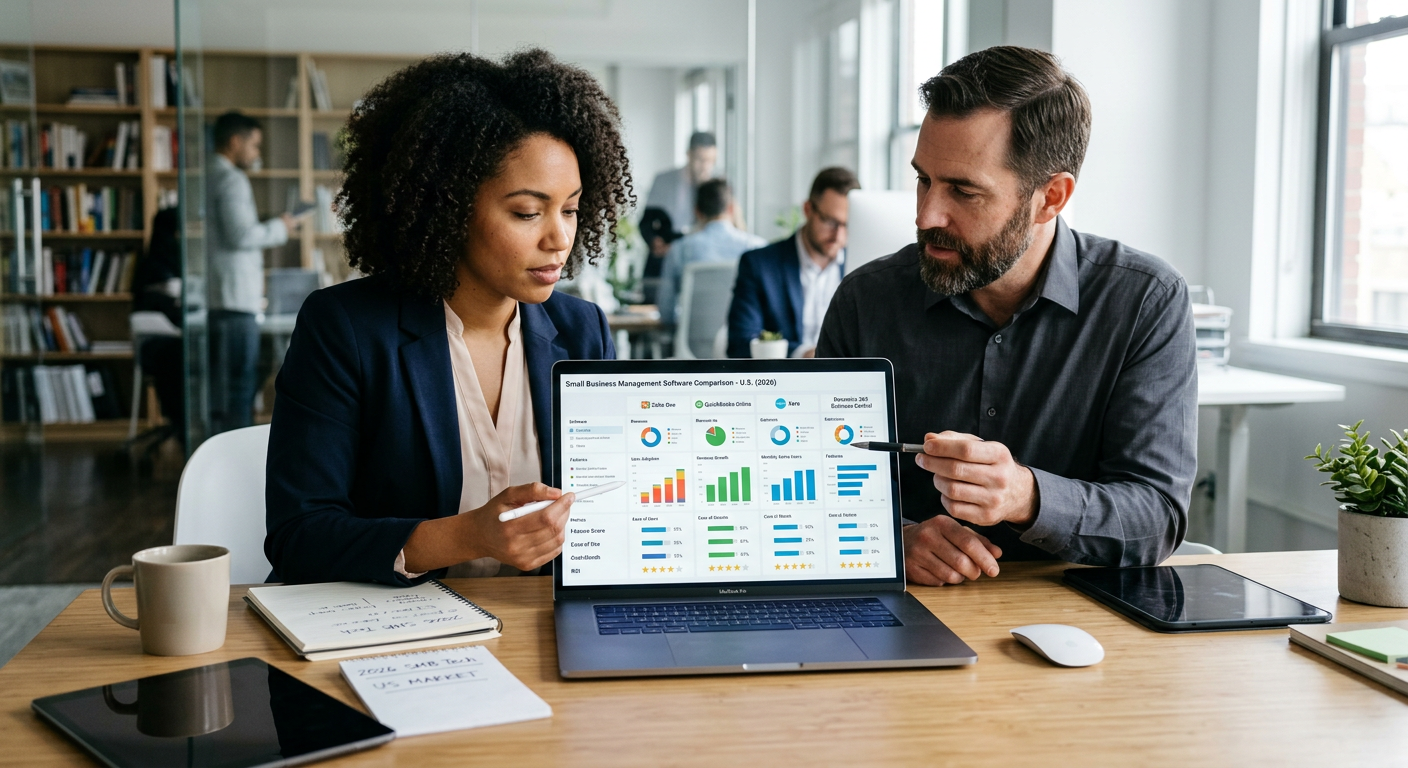 Professional dashboard showing small business management software comparison US metrics in 2026 | best small business managem