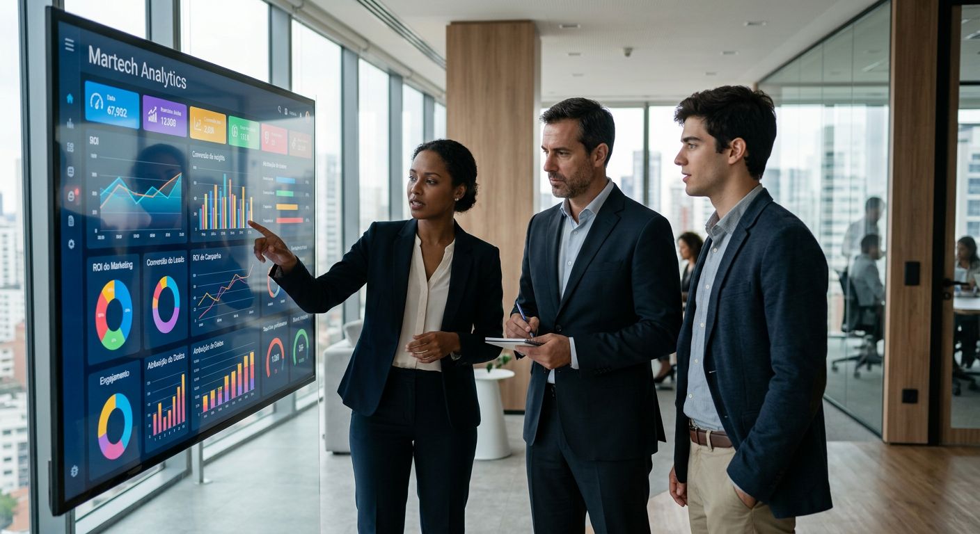Empresários analisando dados de martech para empresas em uma tela digital de alta tecnologia em 2026