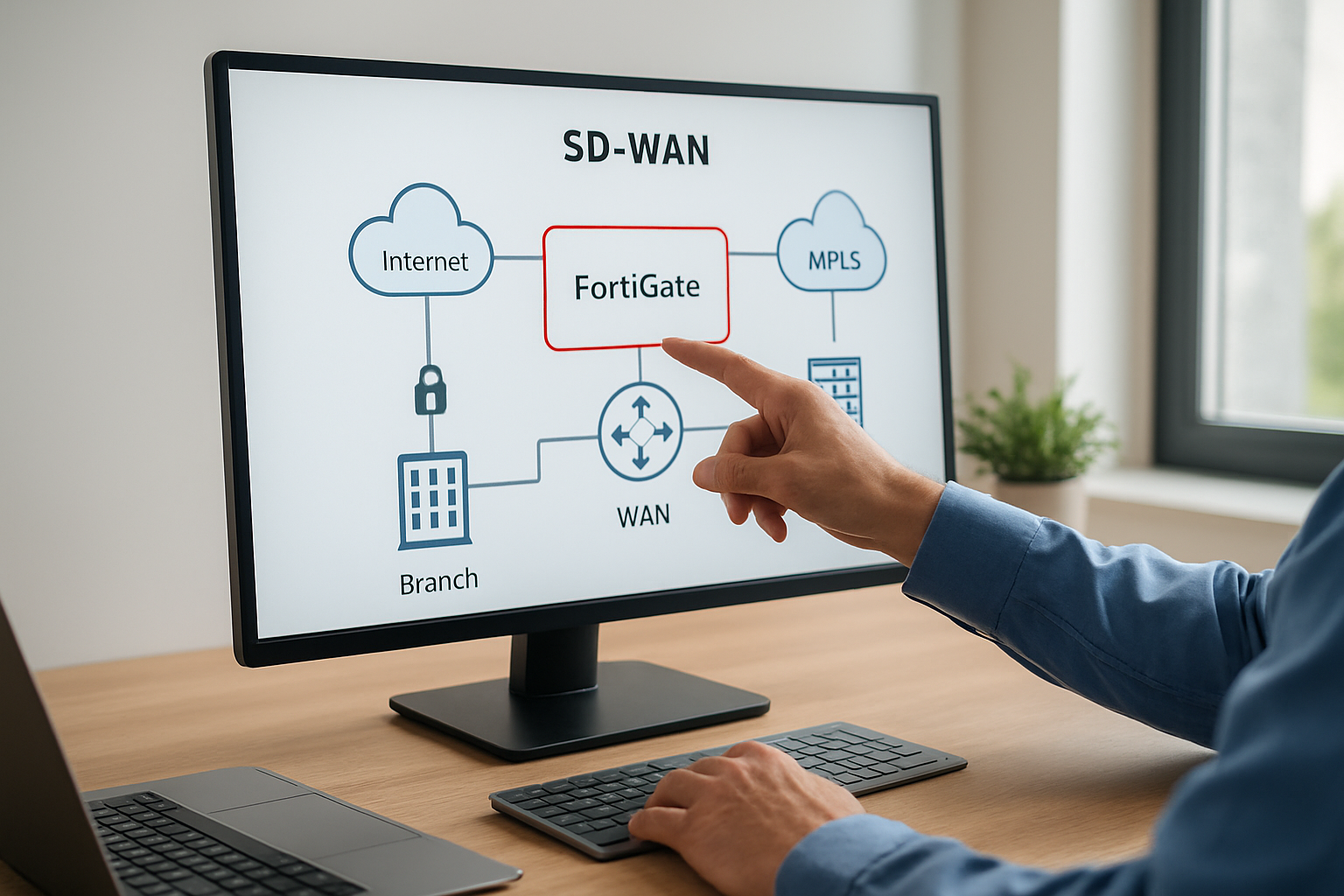 Diagrama de arquitetura Fortinet SD-WAN integrando segurança e conectividade em 2026