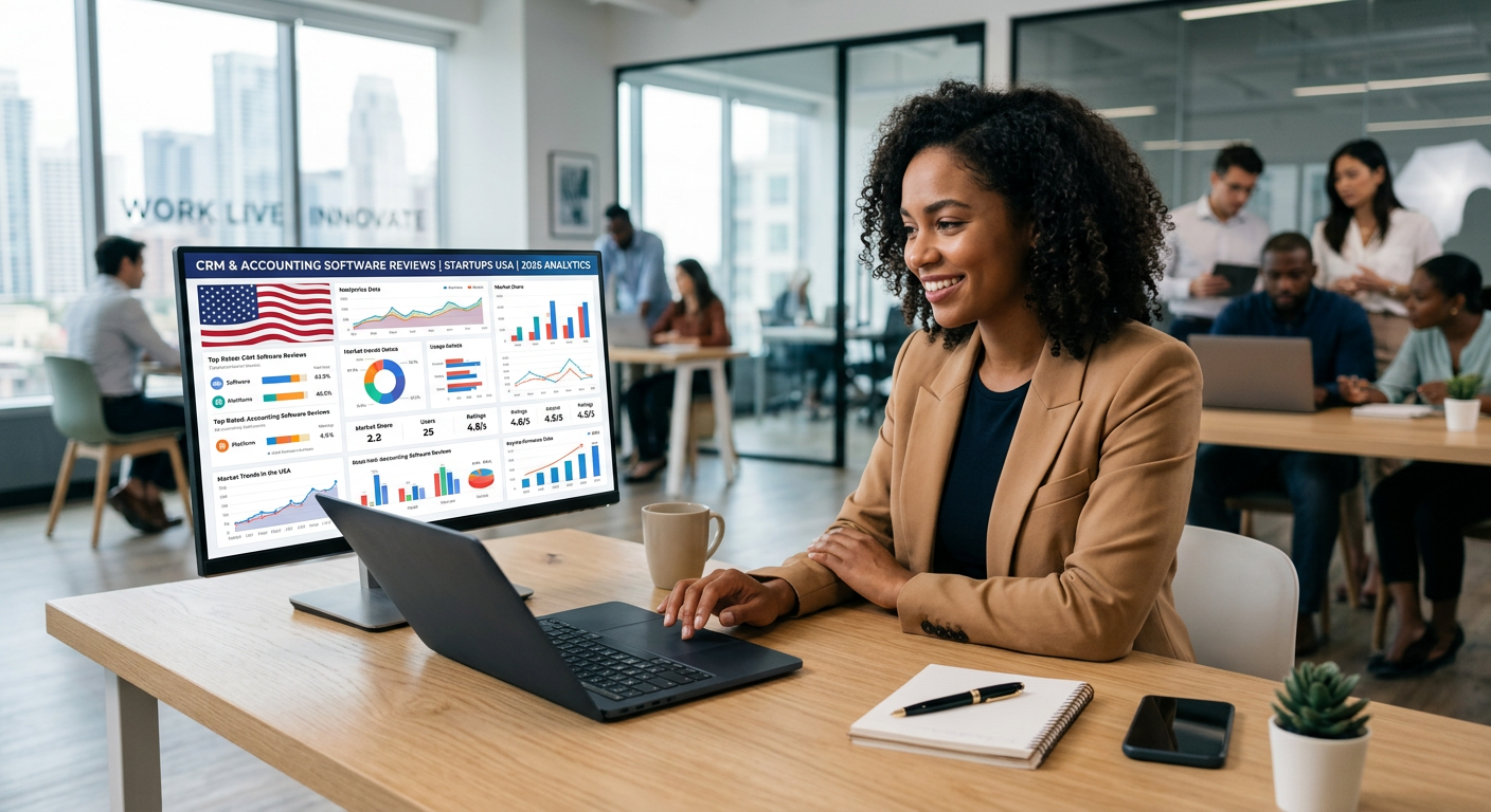 Modern dashboard showing CRM and accounting software for startups reviews USA 2026 analytics