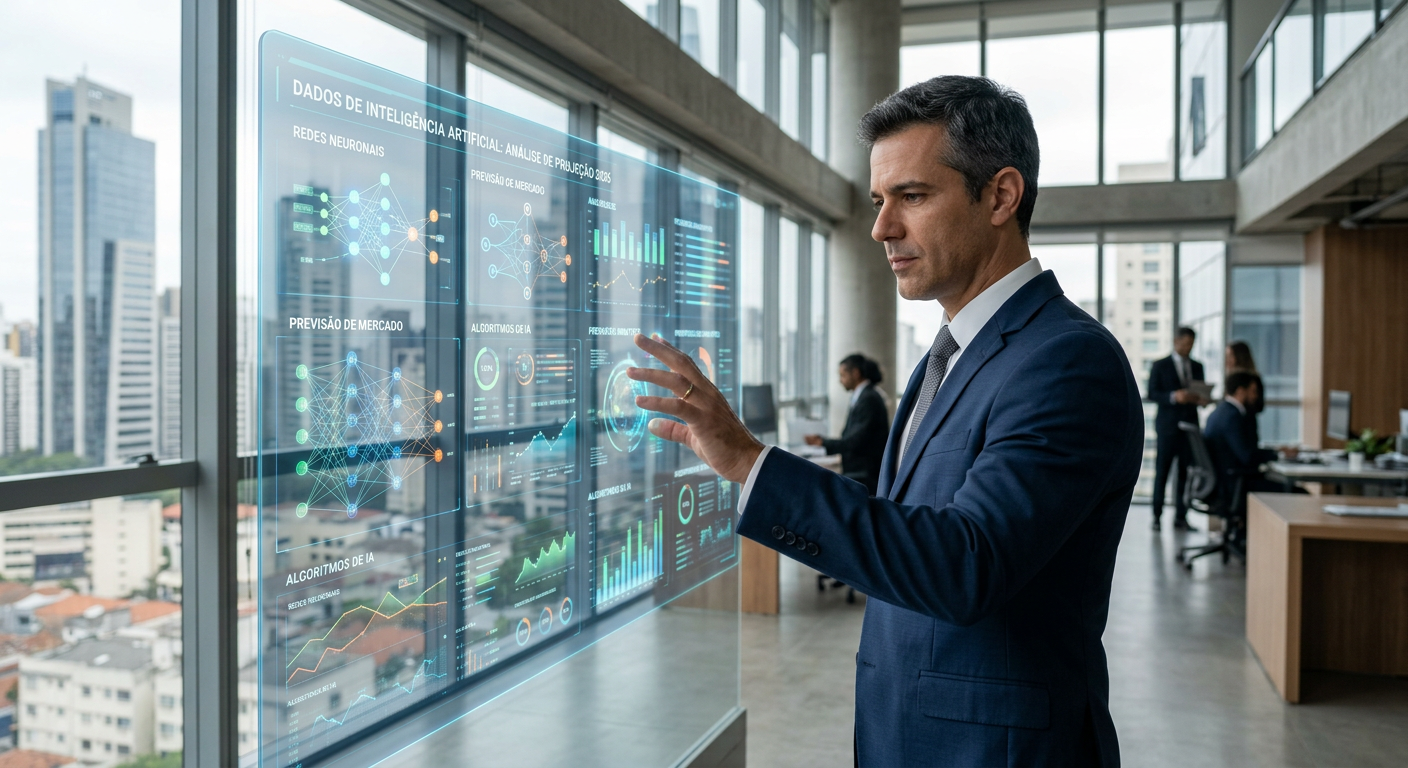 Empresário analisando dados de inteligência artificial em um painel digital futurista em 2026