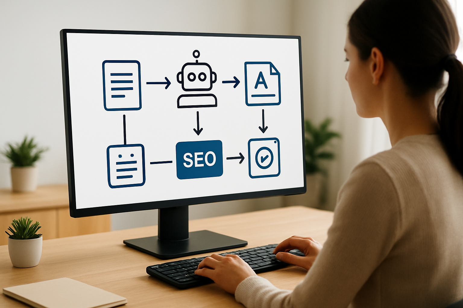 Fluxograma que mostra como funciona geração automática de artigos com IA e etapas de SEO em 2026