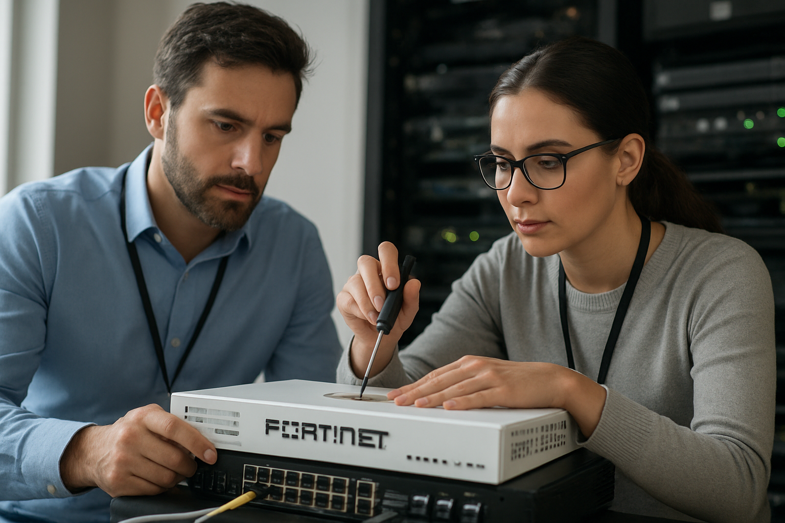 Equipe realizando manutenção Fortinet em appliance FortiGate para manter segurança de rede