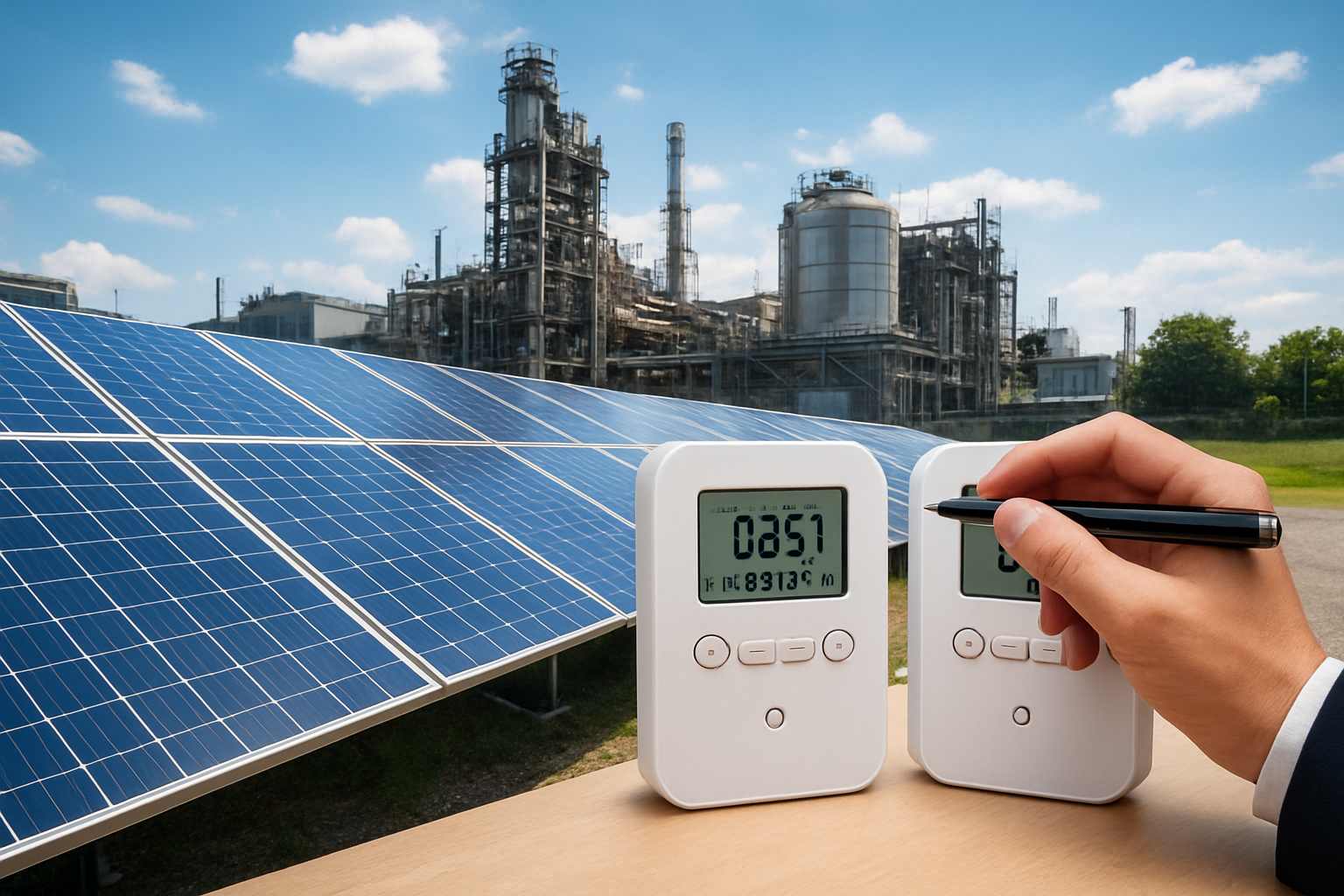 Planta industrial com painéis solares e medidores inteligentes mostrando como comparar soluções de energia para empresas