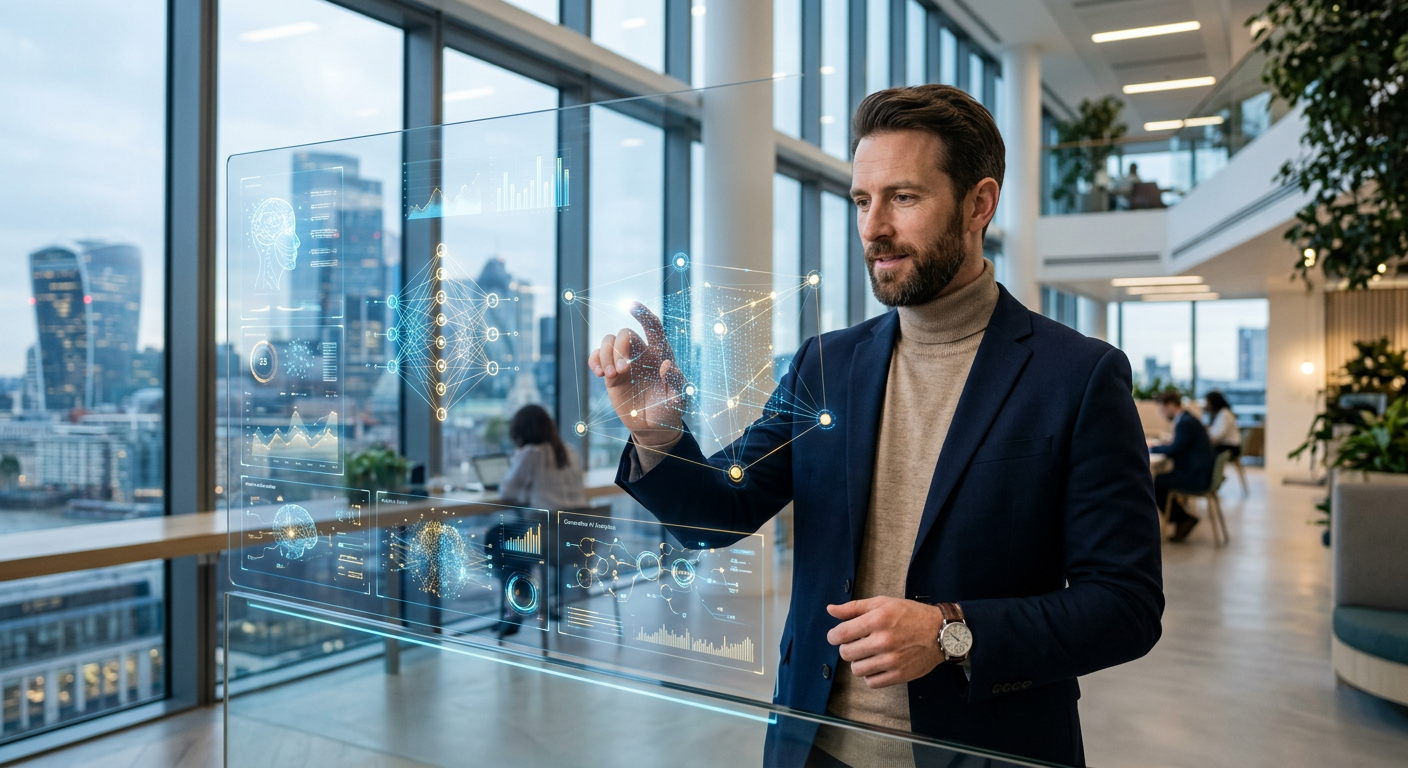 Empresário analisando dados de IA generativa em uma interface digital moderna em 2026