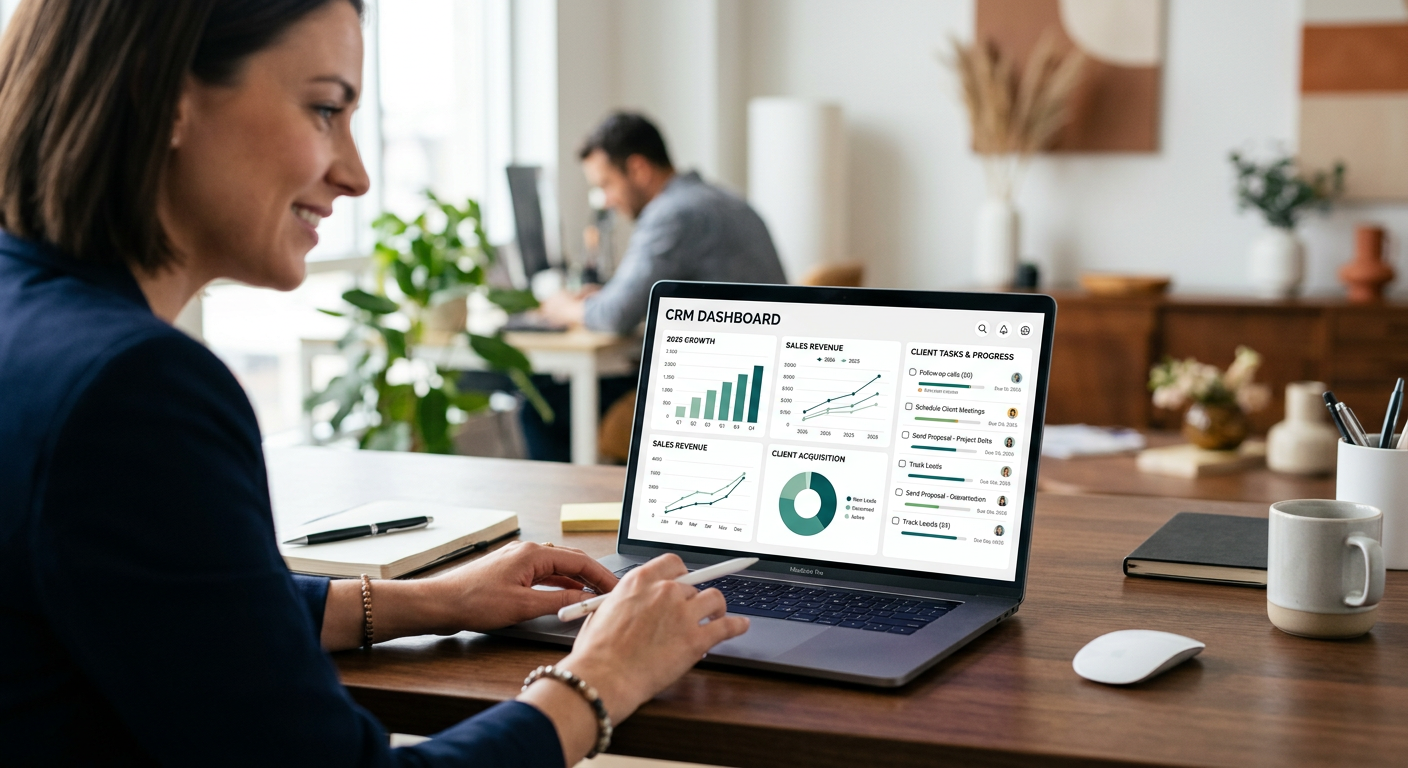 Professional dashboard of a small business CRM software showing growth charts and client tasks in 2026