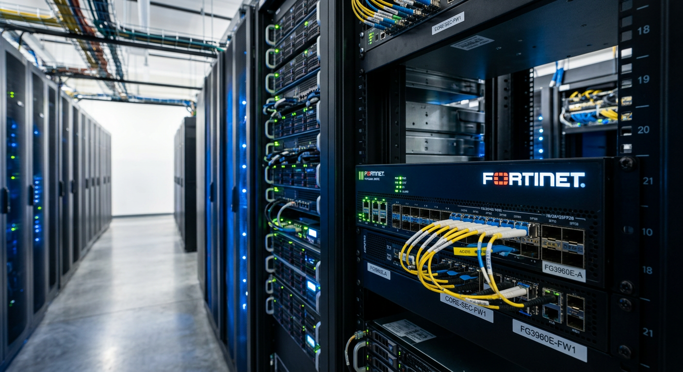 Firewall FortiGate 3960E em um rack de data center moderno representando segurança avançada
