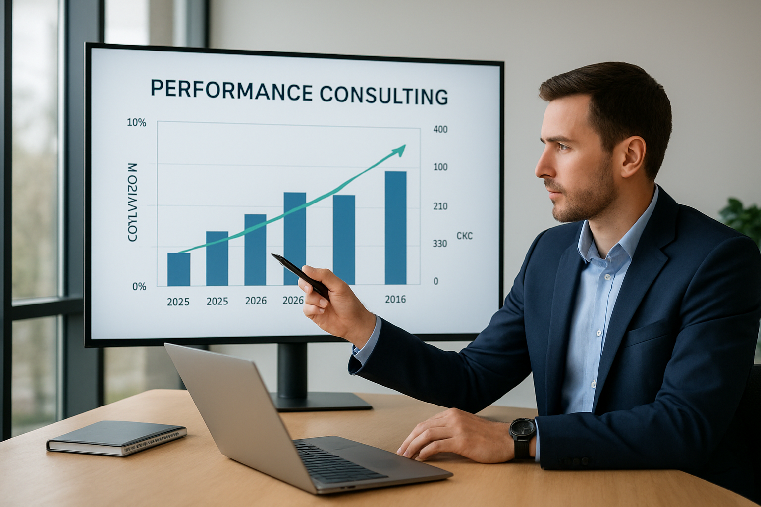 Gráfico de resultados de consultoria de performance mostrando aumento de conversão e redução de CAC em 2026