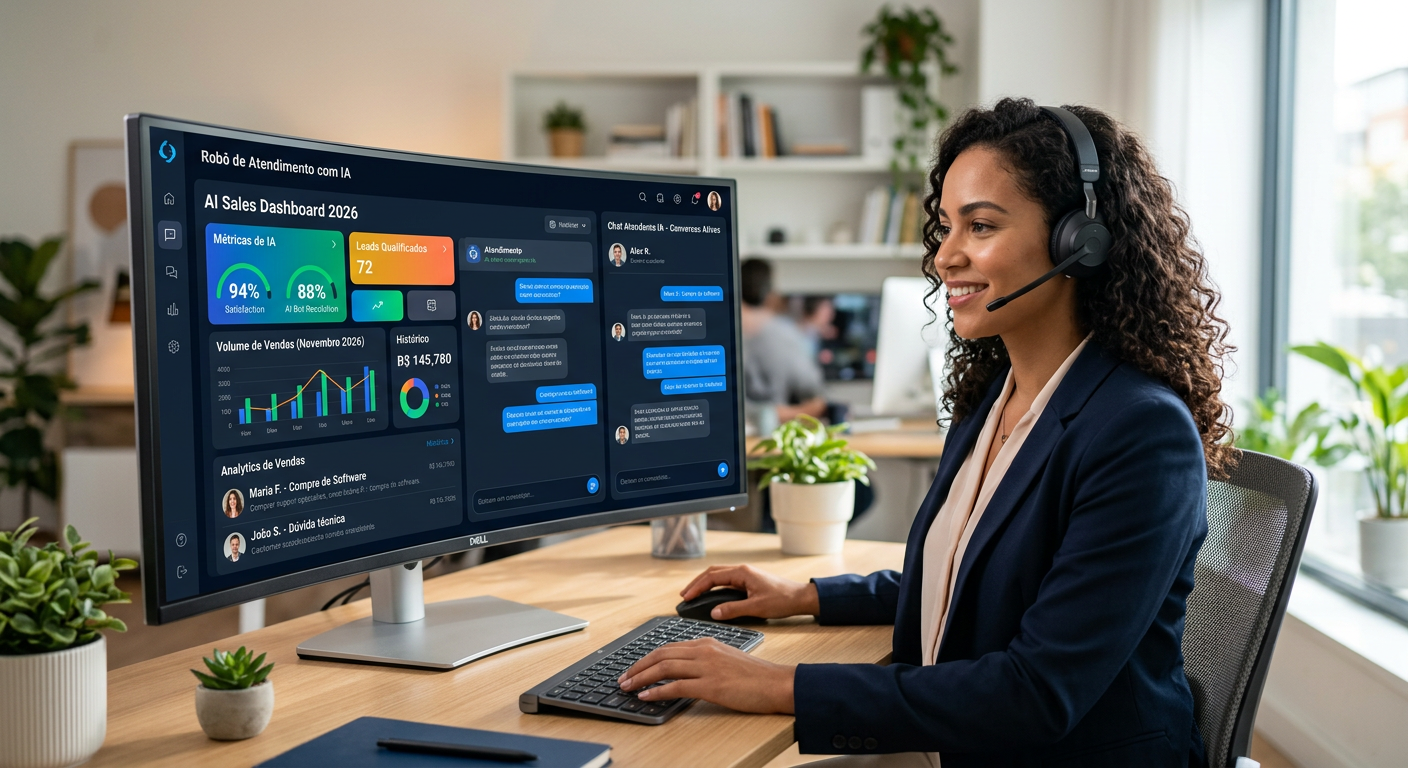 Interface moderna de um robô de atendimento com IA gerenciando conversas de vendas em um dashboard digital em 2026