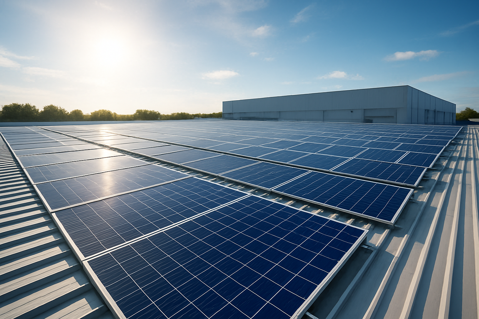 instalacao de energia solar para empresas 2026 com painel fotovoltaico em telhado industrial